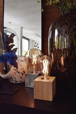 Tischlampe E27 Holz mit Textilkabel